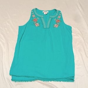 Lark & Grey Aqua Colored Embroidered Rose Boho Sleeveless Top